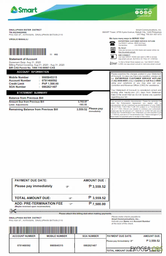 Philippines Smart utility bill word and pdf template